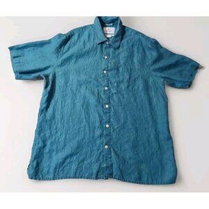 28 Palms Men's Teal Linen Button Up Shirt Size L Short Sleeve Chest Pocket
